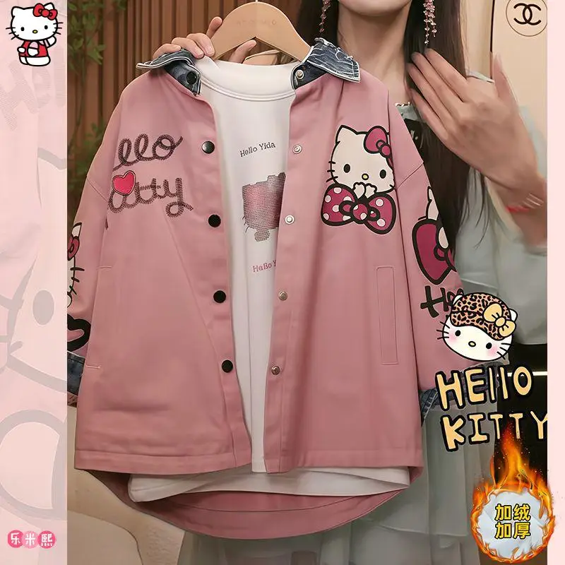 Sanrio 헬로 키티 청소년 겨울 코트 카와이 Y2K 애니메이션 아동 의류 어린이 경량 캐주얼 스트리트웨어 따뜻한 양털 재킷