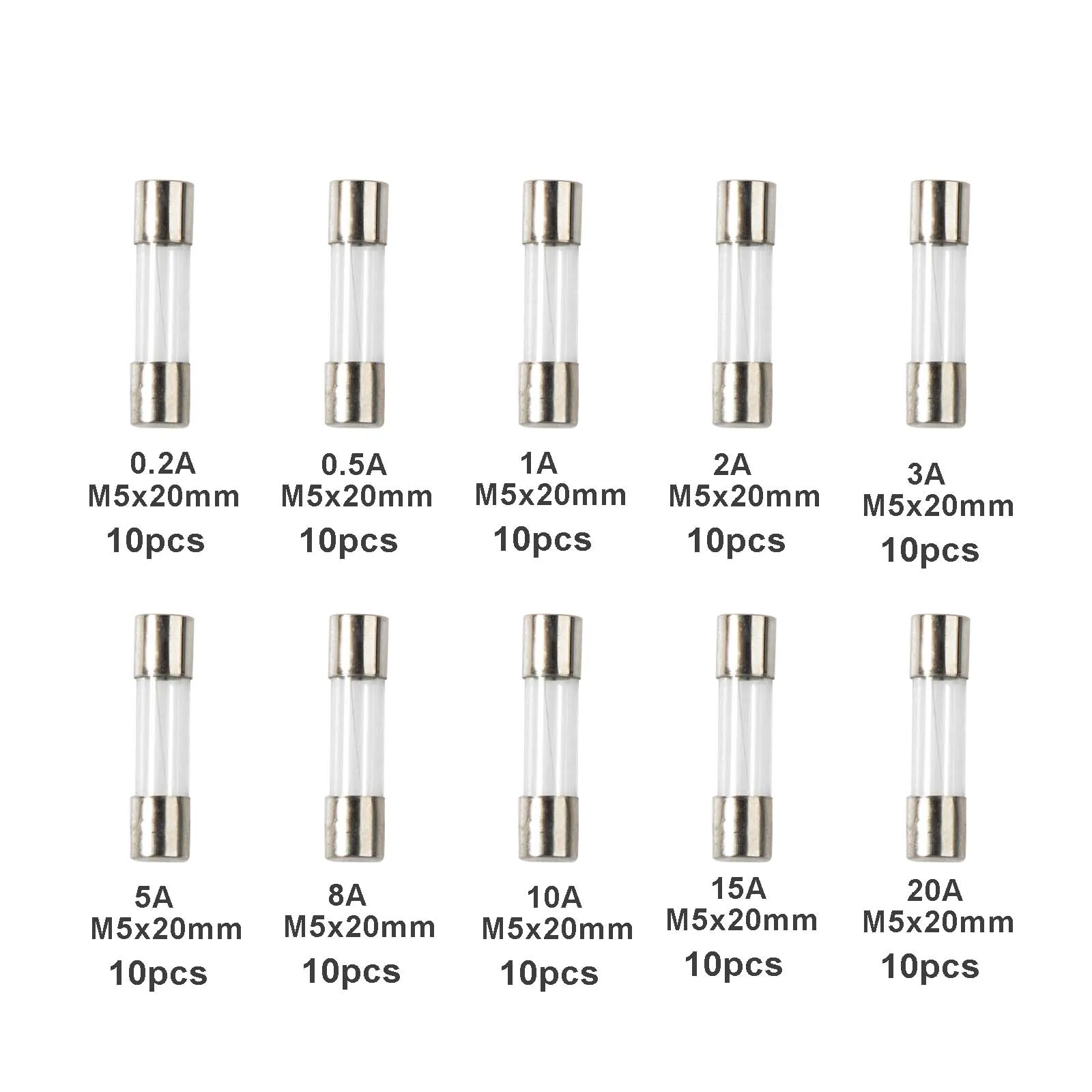 Fast Blow Glass Fuses Assortment Kit 10 Values m5x20mm 0.2-20A 100pcs