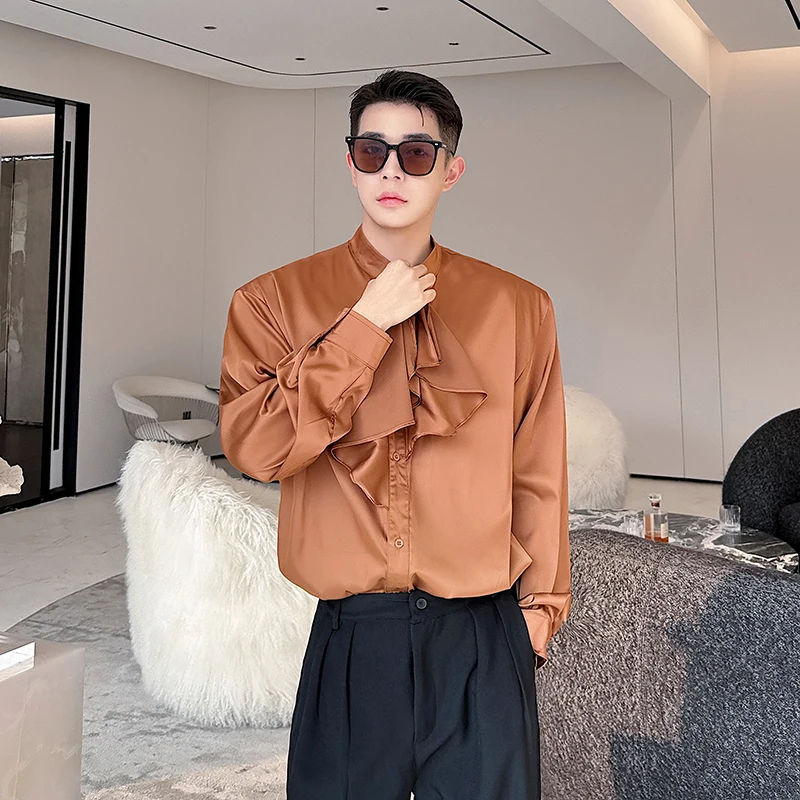 

SYUHGFA Men's Shirt Personalized Flounce Stand Collar Solid Color Baggy Male Long Sleeve Shirts Casual 2024 Spring New Fashion