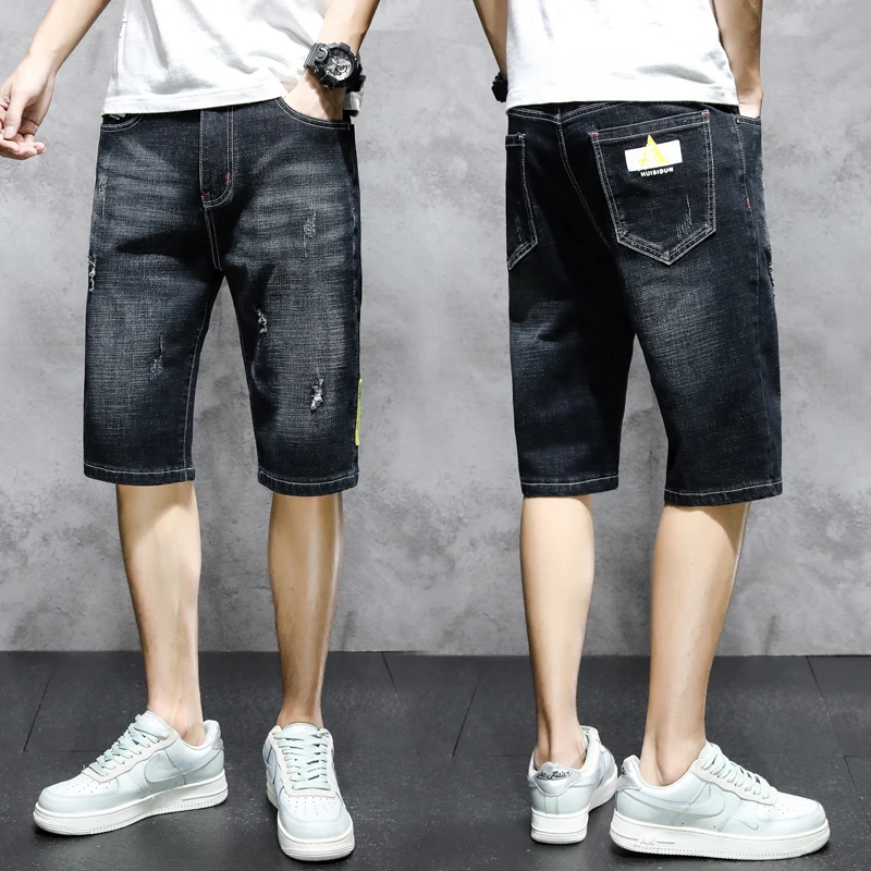 Men's Clothing Vintage Hole Knee Pants Summer Stylish Pockets Spliced Casual Straight Youthful Vitality All-match Denim Shorts