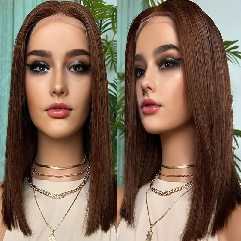 

Synthetic Hair Lace Front Wig Dark Brown Short Straight Bob High Quality Heat Resistant Fiber Natural Hairline Middle Parting
