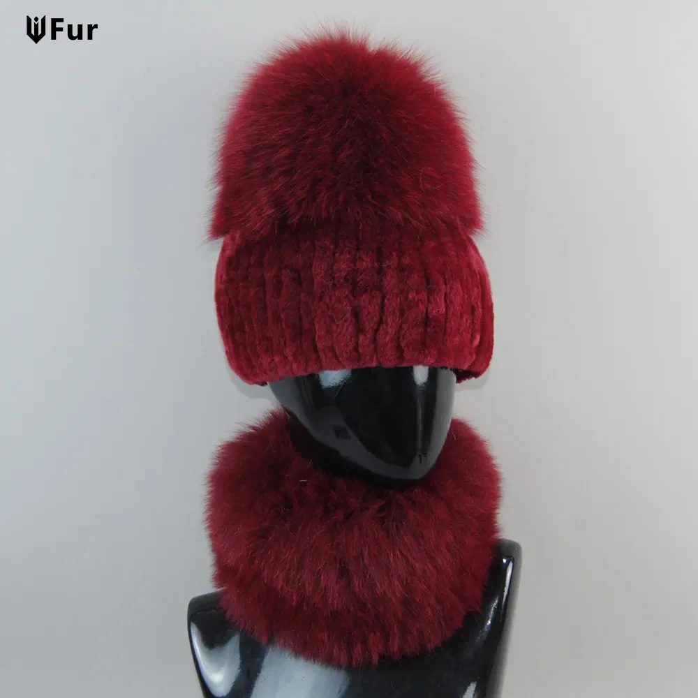 

2023 New Winter Women Luxury Real Fox Fur Hat Scarf Sets Lady Natural Rex Rabbit Fur Hats Knitted Fox Fur Cap Scarves 2 Pieces
