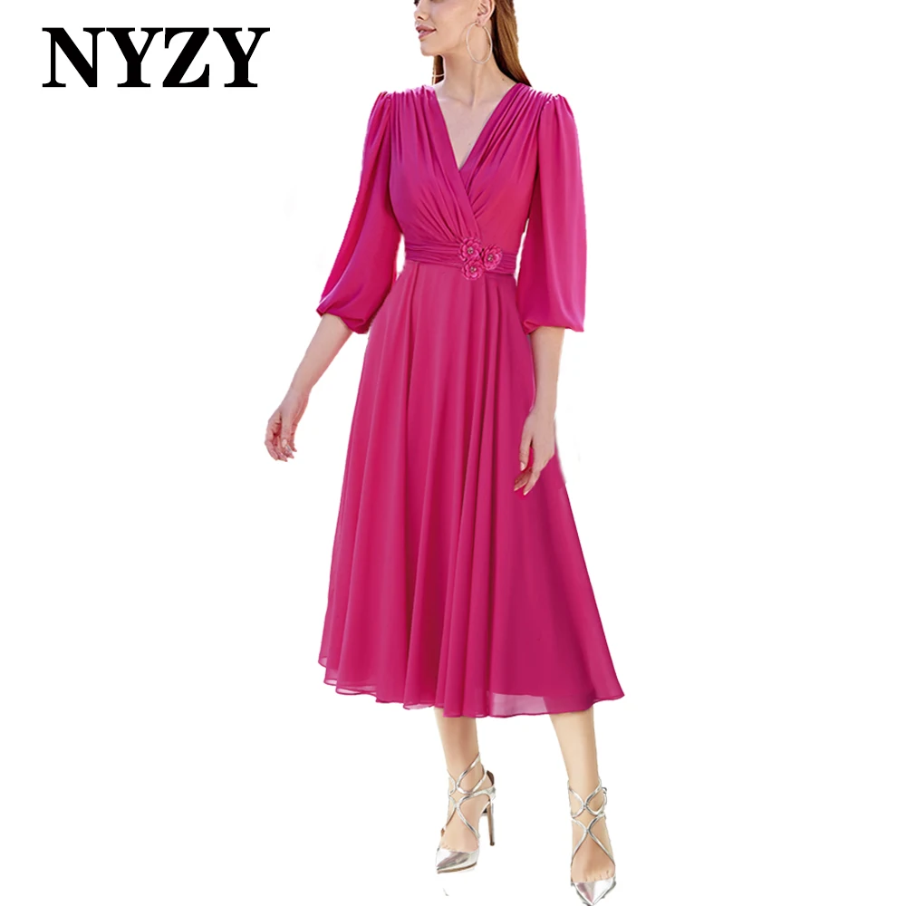 

NYZY M412 Chiffon V-neck Tea-Length Summer Mother of the Bride Dresses 2024 Wedding Party Guest Wear Cocktail Evening Gowns