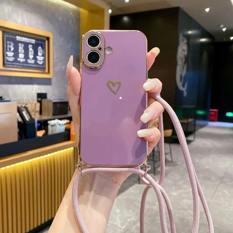 Elegant Crossbody Lanyard Case with Plating Love Design - Shockproof Camera Protection Cover
