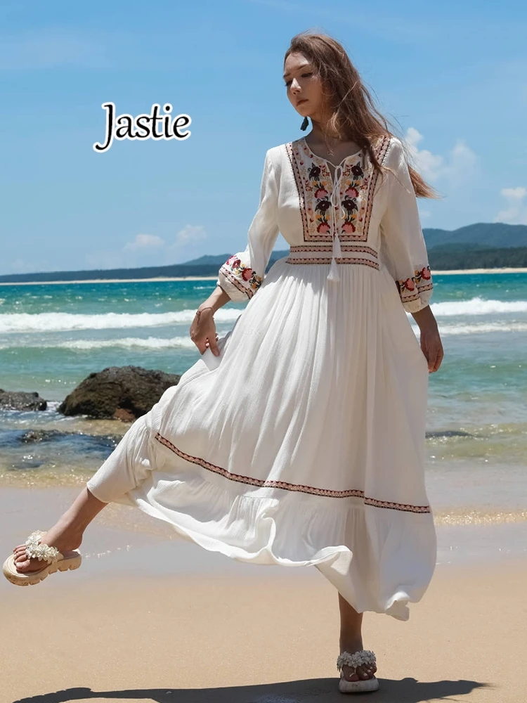 

Jastie 2024 Spring And Summer New Women's Dresses Retro Ethnic Embroidered Dress Large Swing Women Seaside Vacation Beach Dress