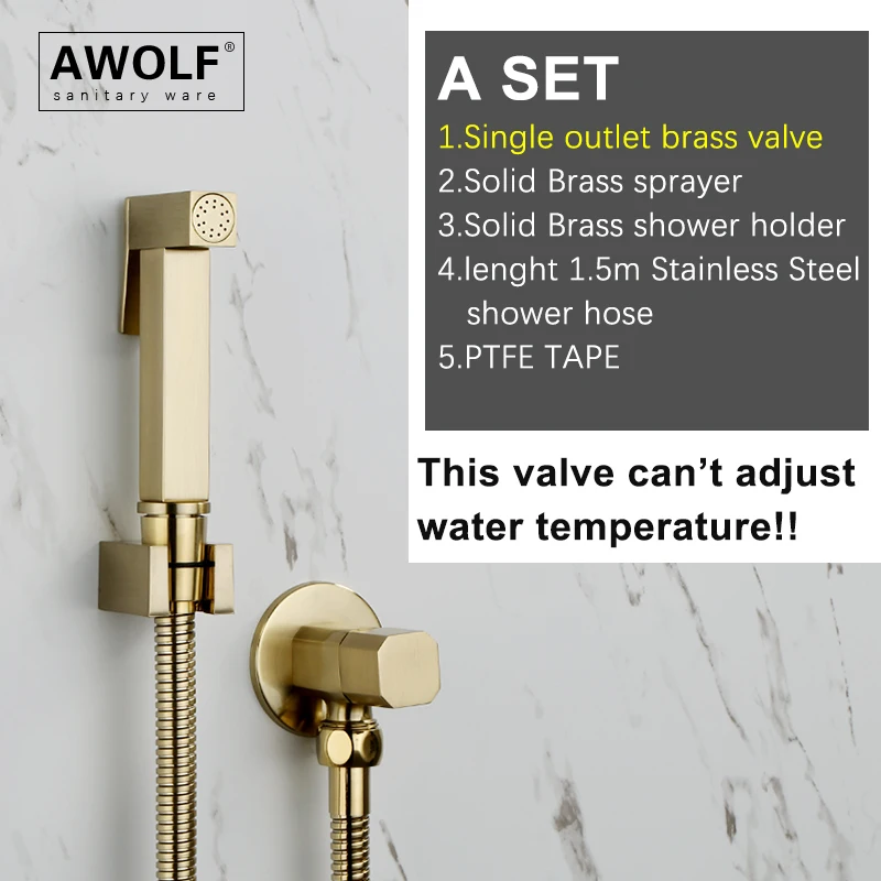 Brushed Gold Brass Toilet Solid Bidet Hand Shower Spray&Hose&Holder Valve Set 