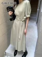  GALCAUR Solid Patchwork Lace Up Dresses For Women Round Neck Long Sleeve High Waist Folds Minimalist Dress Female Summer 2022 