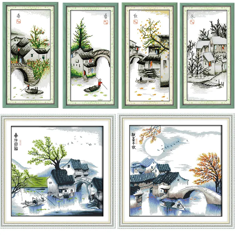 Four seasons Landscape Chinese Cross Stitch 11CT Dmc Counted Cross Stitch Patterns sStitch Kits Embroidery Needlework Sets