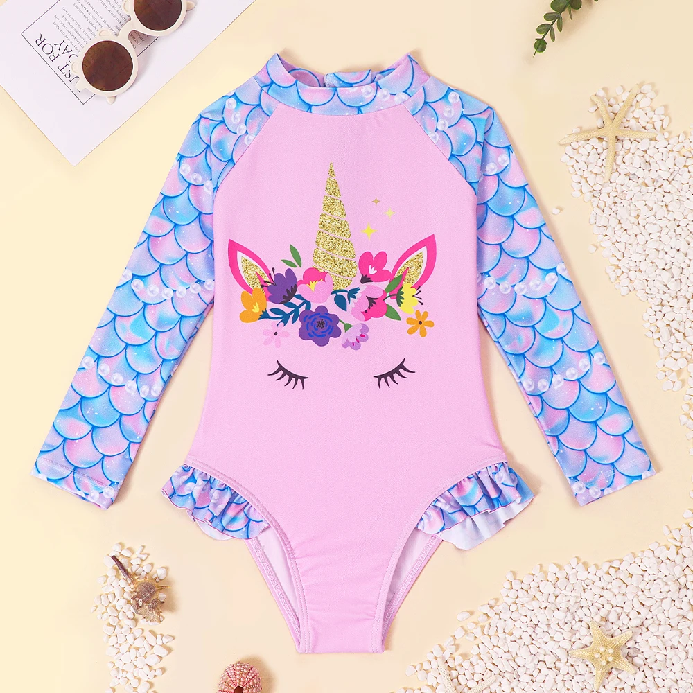 Toddler Girl Long Sleeve Ruffle Swimsuit One Piece Zipper Swimwear Kids Hawaiian Bathing Suit Unicorn Swim Shirts for Surfing