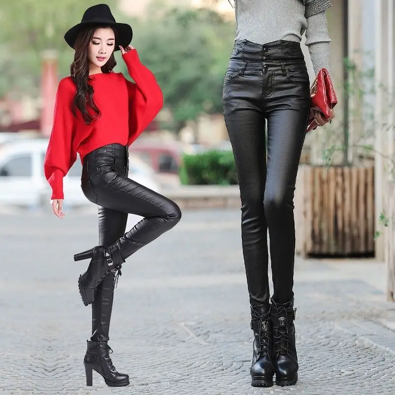

Shiny Sexy Leather Pants Plus Size PU Leggings 2023 Women High Waist Skinny Tights Elastic Stretchy Outfit Trousers T603