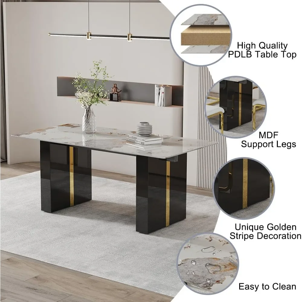 71'' Kitchen Table Set for 8，8 Chairs Dining Table Set, Dining Faux Marble Set for 8 with PU Leather Chairs