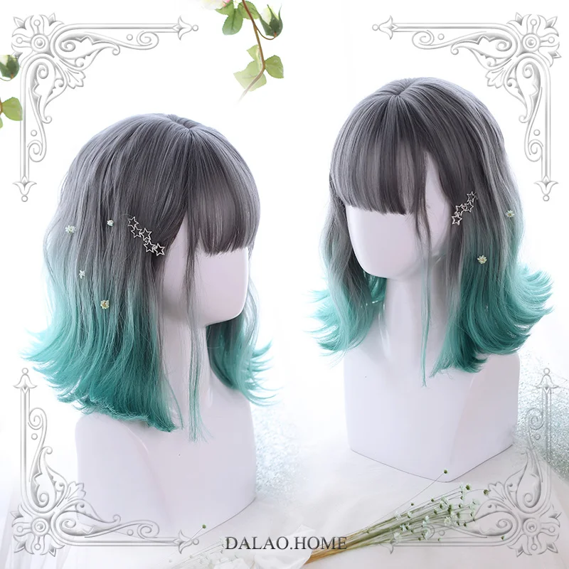 

High Quality Harajuku Soft Girl Lolita Eversion Slight Roll Ink Jade Gradual Change Color Air Bangs Wig