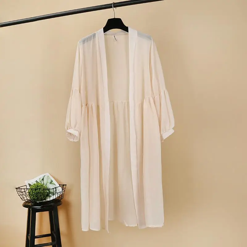 Swimsuit Cover Up Beach Chiffon Shawl Coat Women's Medium Long Solid Color Sunscreen Cardigan Women Loose Sunscreen Clothes cover up beachwear Cover-Ups