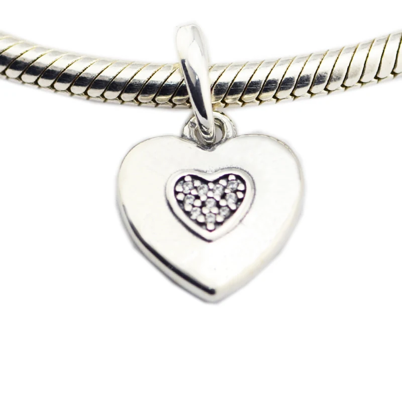 

925 Silver Jewelry Signature Heart Dangle Charm Crystals For Snake Chain Bracelets Girl Friends Glass Beads 2022 Woman DIY Charm