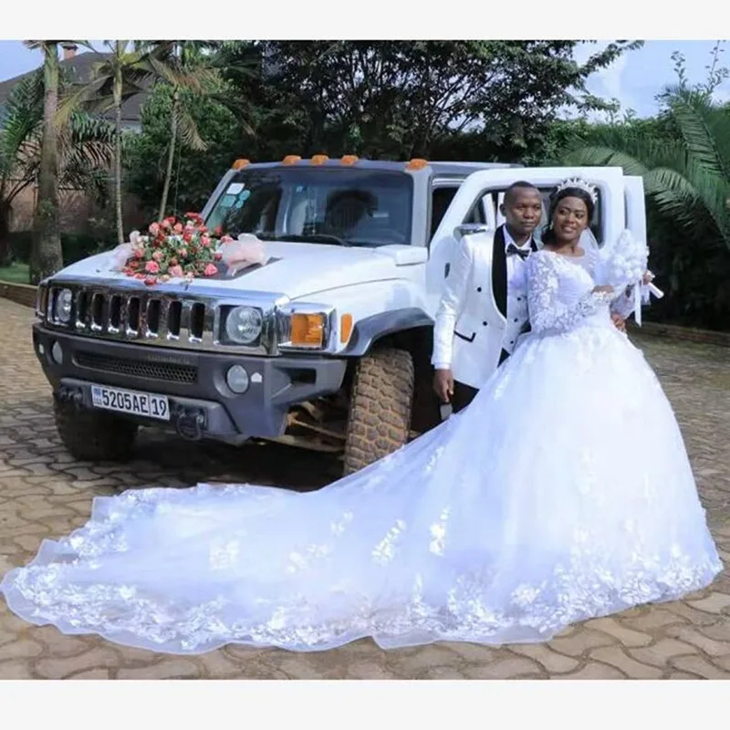 

Потрясающее свадебное платье со шлейфом и кружевной аппликацией, женское платье с длинными рукавами