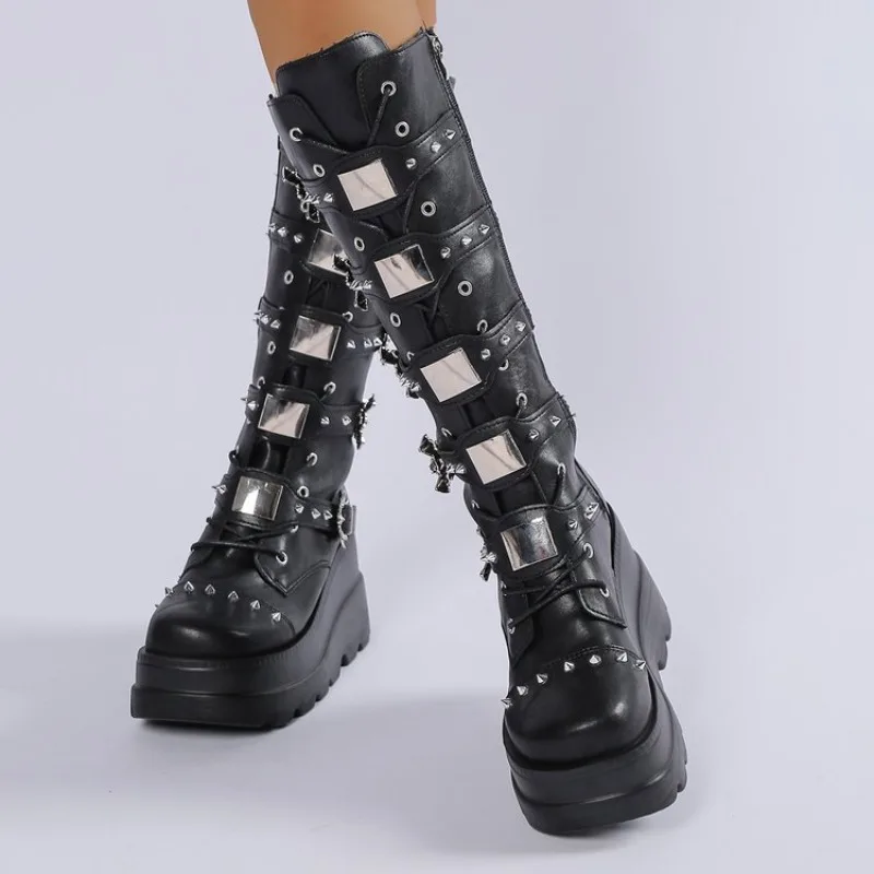 10cm High Quality Women Platform Boots Fashion Designer Belt Buckle Punk Boots for Women Casual Leather Knight Boot Botas Mujer