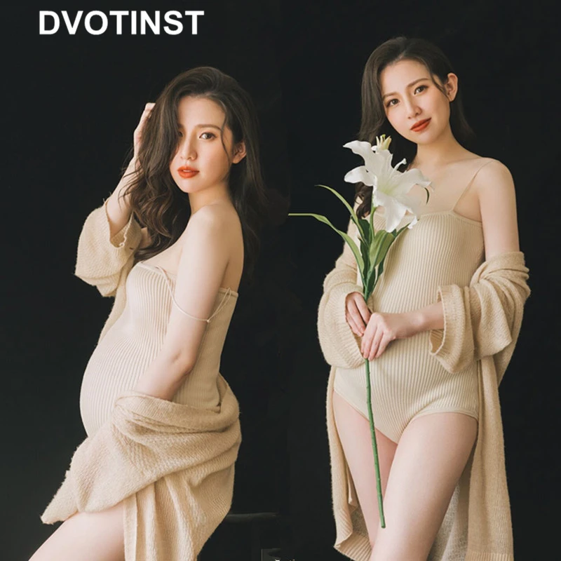 Dvotinst Women Photography Props Maternity Dresses Pregnancy Elegant Dress Bodysuits Cardigans 2pcs Studio Photoshoot Clothes