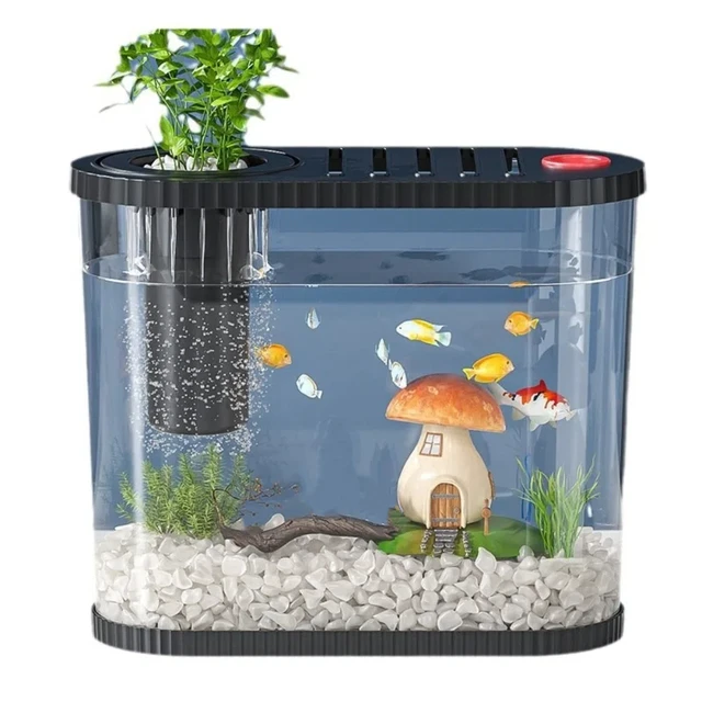 Shatterproof Tabletop Fish Bowl Space-Saving with Filter Compartment Plastic Fish Tank Transparent Clear Table Fish Bowl 3