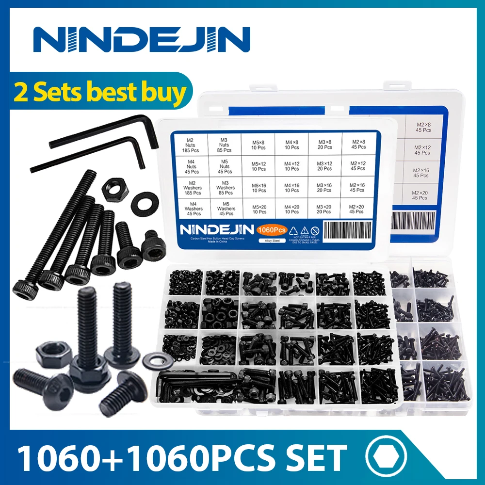 NINDEJIN 2ชุด Hex ซ็อกเก็ตสกรูชุดปุ่มหัวคาร์บอนสตีล Head ชุดสกรู1060Pcs 1