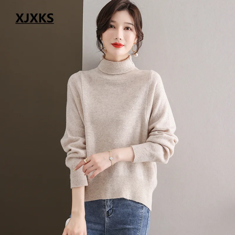 

XJXKS Loose Oversize Women's Turtleneck Sweater 2022 Winter New Solid Color Versatile High-end Soft 100% Wool Knit Pullover