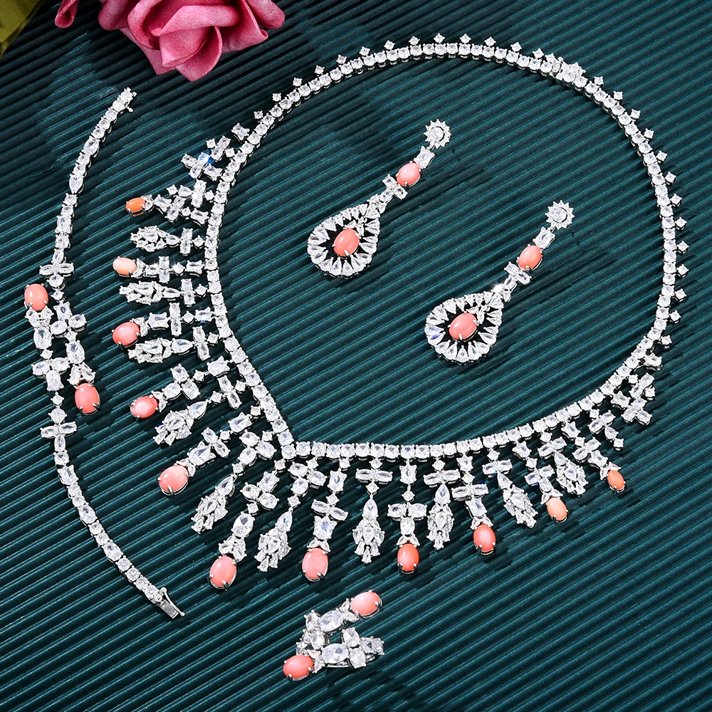 GODKI Lovely Real Pink Coral African Jewelry Sets For Women Wedding Full Micro Cubic Zirconia Dress Necklace Earring Sets