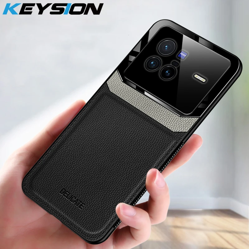 KEYSION Fashion Shockproof Case für VIVO X80 Pro 5G PU-Leder Spiegelglas Weiche Silikon-Telefonrückseite für IQOO 9 Pr_voghion.com