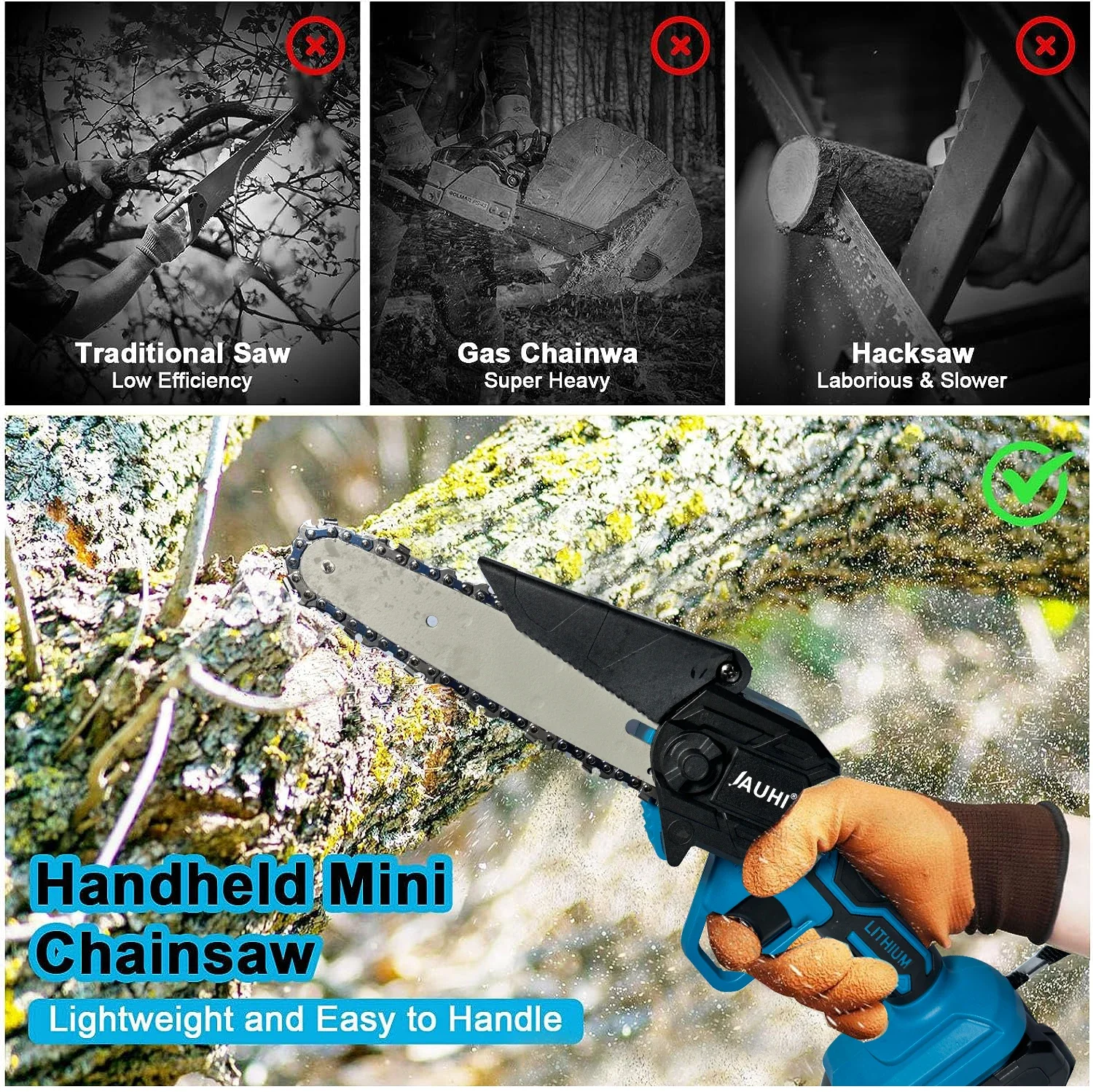 JAUHI 6 Inch Electric Chain Saw Handheld Portable Chainsaw Tree Wood Cutter Pruning Garden Power Tool Compatible Makita Battery