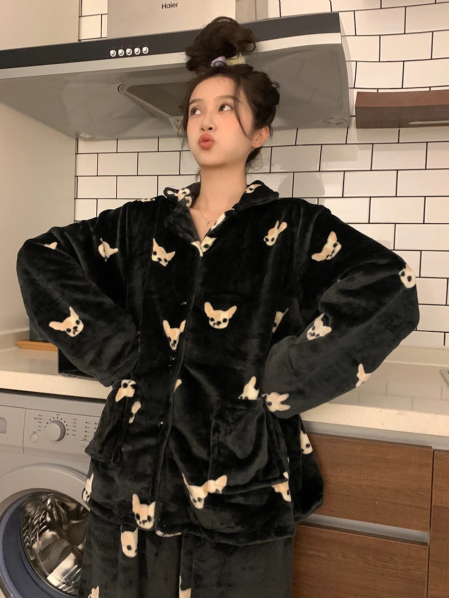 Korean version 2023 autumn winter new style plus velvet thickened coral velvet pajamas set women's comfortable home wear chic