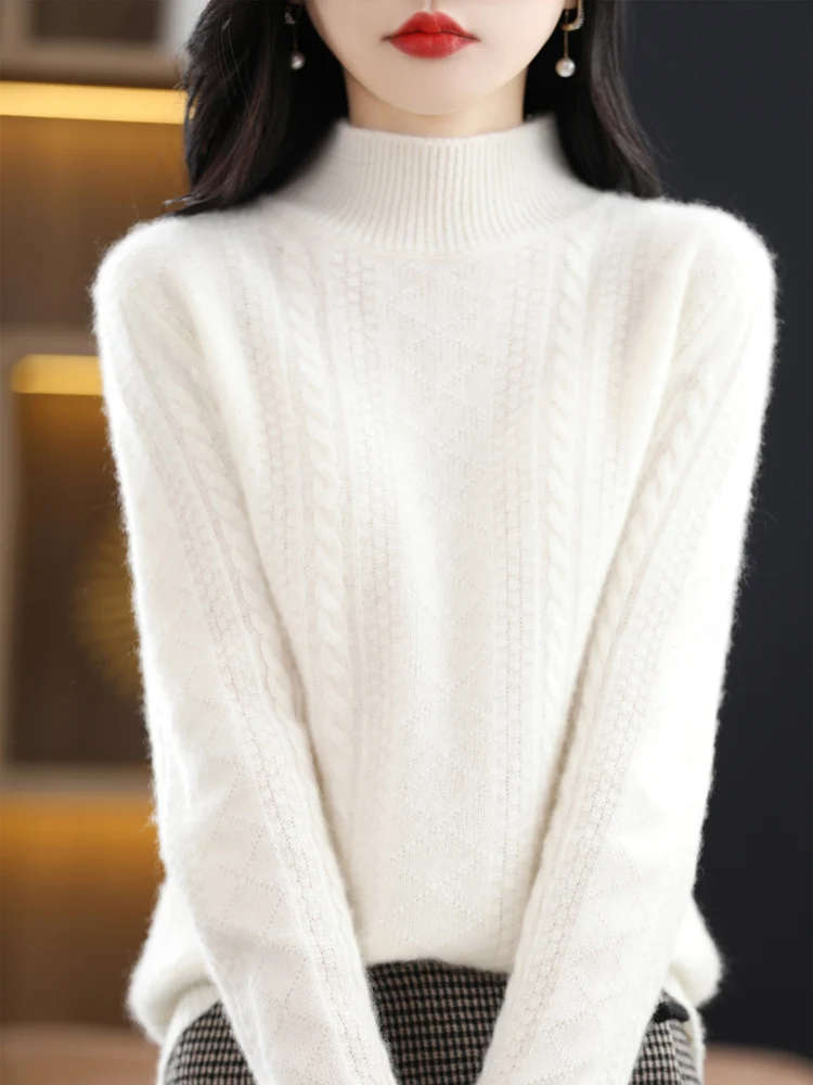 

Aliselect Fashion 100% Merino Wool Top Women Knitted Sweater Mock Neck Full Sleeve AutumnWinter Clothing Twisted Jumper Knitwear