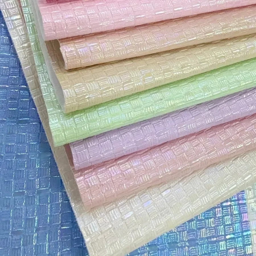 Eco-Friendly Laser Rainbow Pearl Woven Pattern 0.8mm Grass Mat Pattern PU Leather Shoe Material Jewelry Leather Goods Home Direc