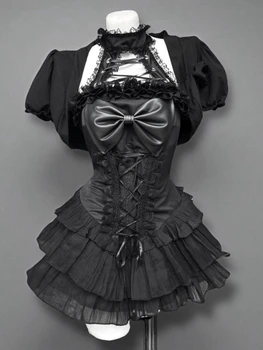 Gothic Y2k Hot Girl New 2-piece Set Women's Design Bow Lace Slash Neck Darkly Dress Suit Female + Vintage Puff Sleeve Cardigan 1