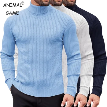 New Men's Slim Fit Turtleneck Sweater Casual Twist Patterned Pullover Knitted Sweaters Solid Color Winter Outdoor Warm Tops