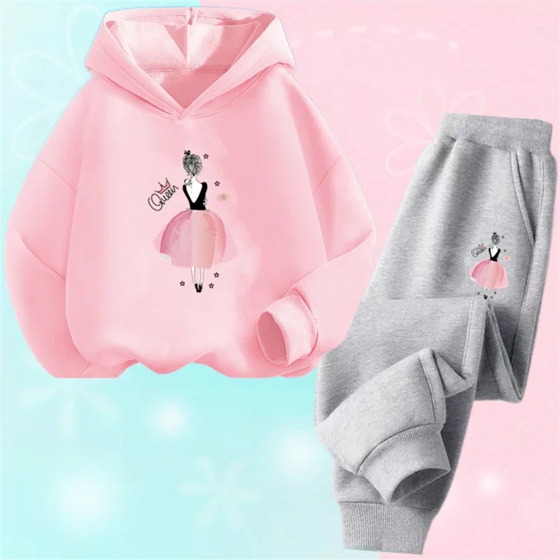 thumbnail image 1 of Conjunto de 2 piezas de sudadera con capucha y pantalones informales para niñas, trajes deportivos para adolescentes, conjuntos de estilo coreano para niños, conjuntos de ropa para bebés bonitos, 1 of 5