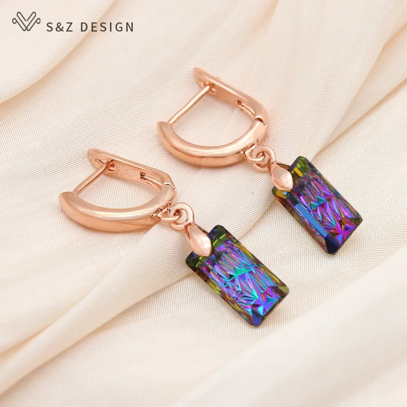 S&Z DESIGN New Elegant 585 Rose Gold Color Square Crystal Dangle Earrings For Women Girl Wedding Party Fashion Fine Jewelry