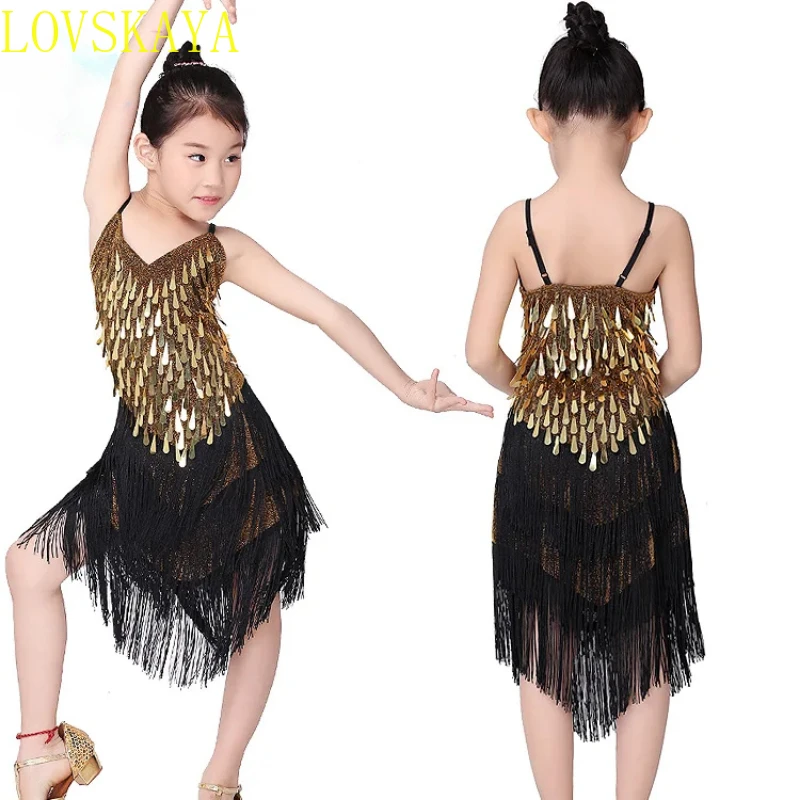 1pcs/lot Children Fashion Sequin Tassel Dancing Dress Girl Performance Tango Cha Cha Dancing Dress