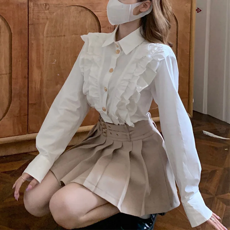 Femme Sweet Ruffles Solid Color Turn-down Collar Long Sleeve Blouse Autumn Preppy Style Pleated Women Shirts Kawaii LooseTop Tee korean fake sleeves double layer ruffles hollow fake cuffs sweater detachable cuffs shirt pleated flare sleeve false cuffs