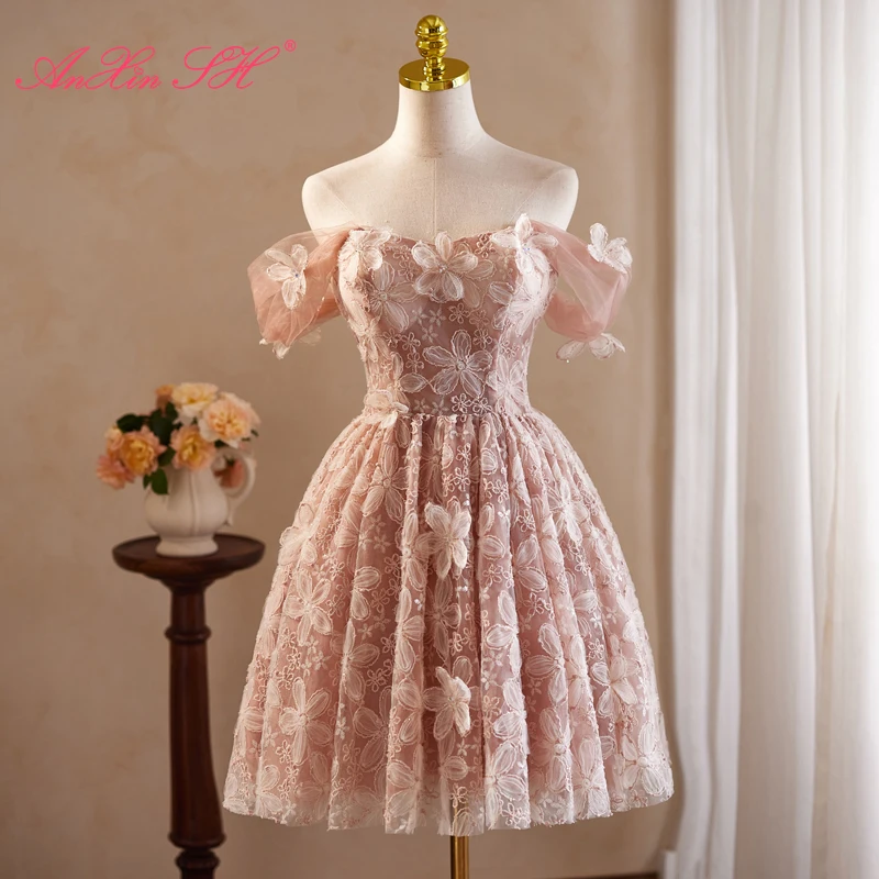 

AnXin SH princess pink flower lace beading crystal boat neck puff sleeve party lace up short evening dress little white dress