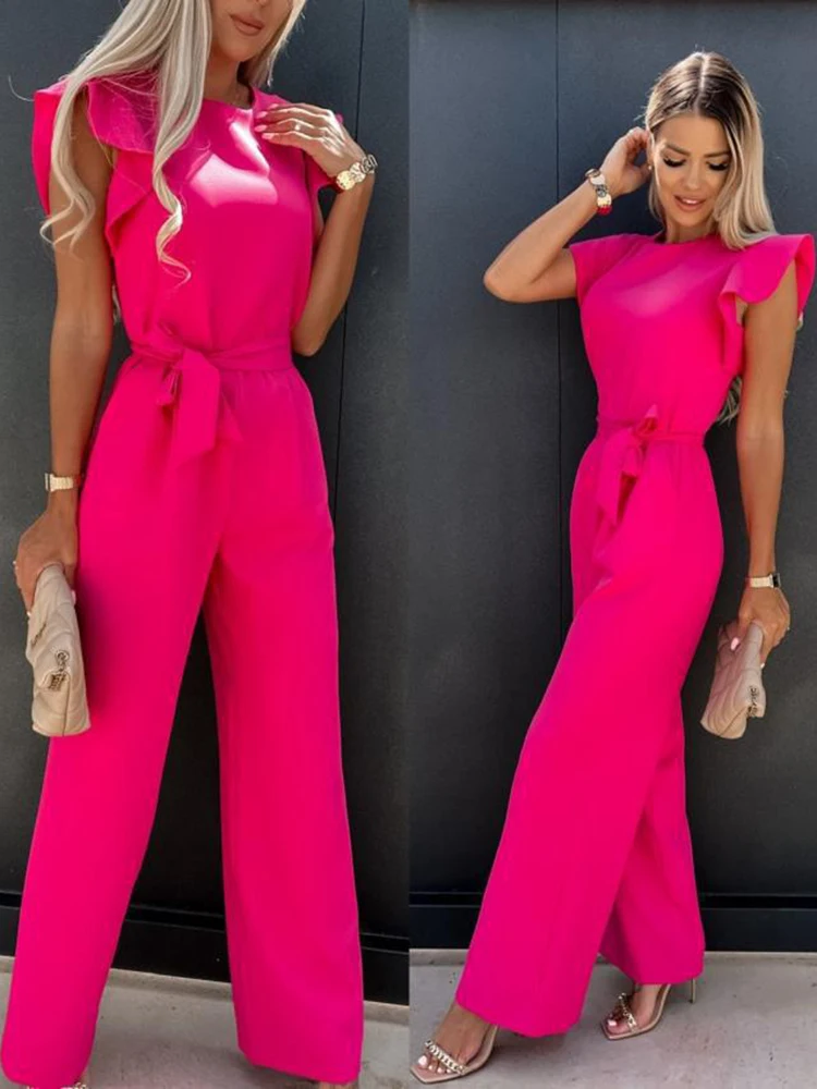 Summer Women's Jumpsuits 2023 Elegant Belt Solid Overalls Woman Jumpsuit Casual O-neck Ruffles Office Lady Wide Leg Playsuits
