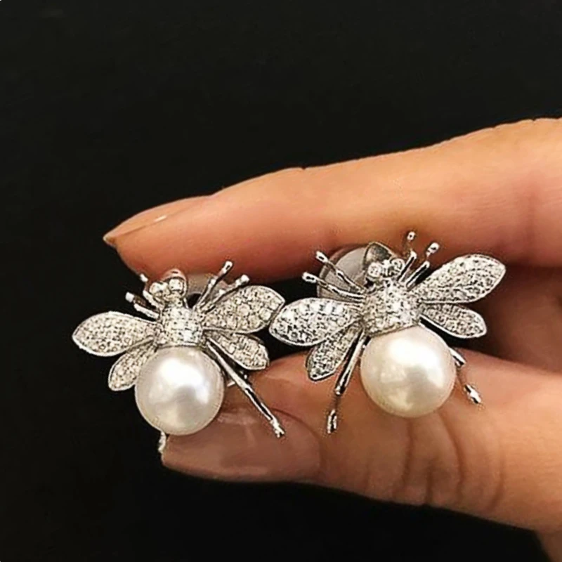 CAOSHI Fresh Style Bee Stud Earrings Female Simulated Pearl Accessories with Shiny Zirconia Fashionable Lady Versatile Jewelry