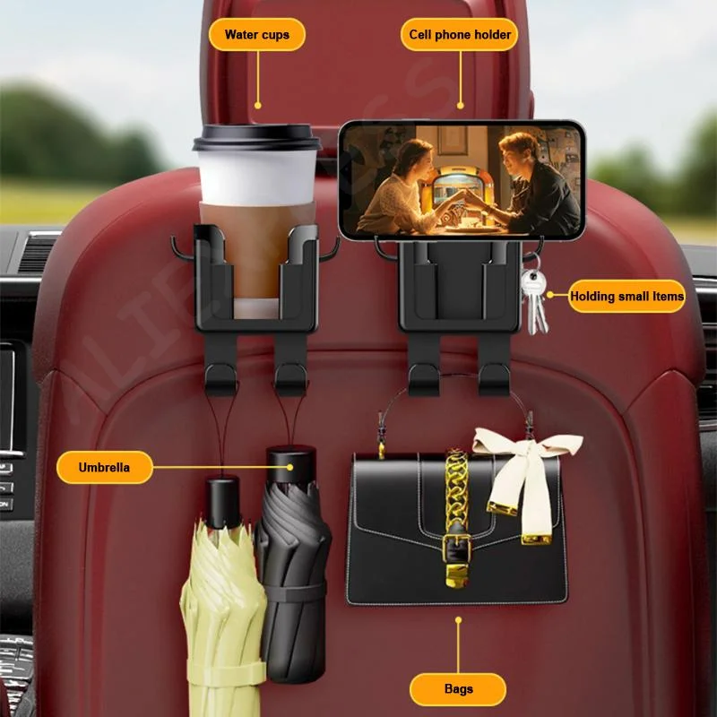 새로운 6 in 1 자동차 컵홀더, 4개의 후크가 있는 헤드레스트 걸이식 음료 홀더, 범용 자동차 뒷좌석 병 홀더, 휴대폰 거치대 포함