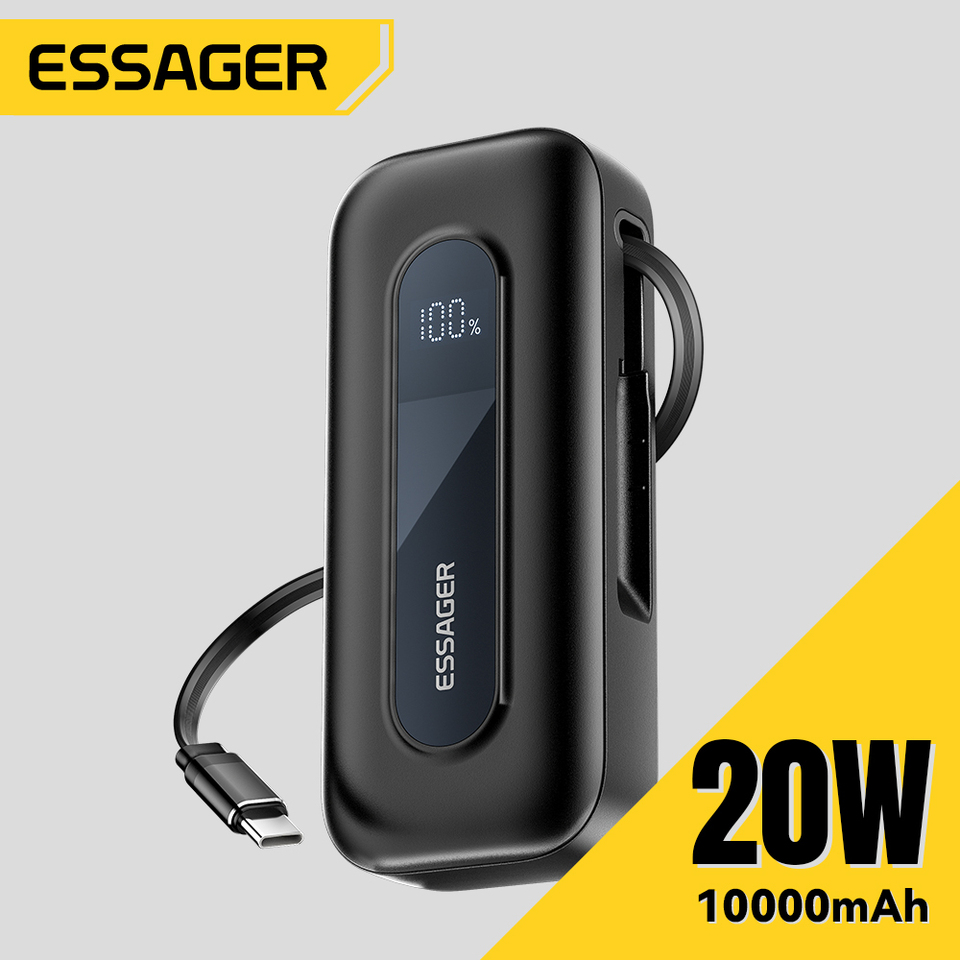 Essager 20W Power Bank 10000mAh with Built-in Retractable Type-C Cable PD Fast Charging for iPhone 16 15Pro iPad Digital Display