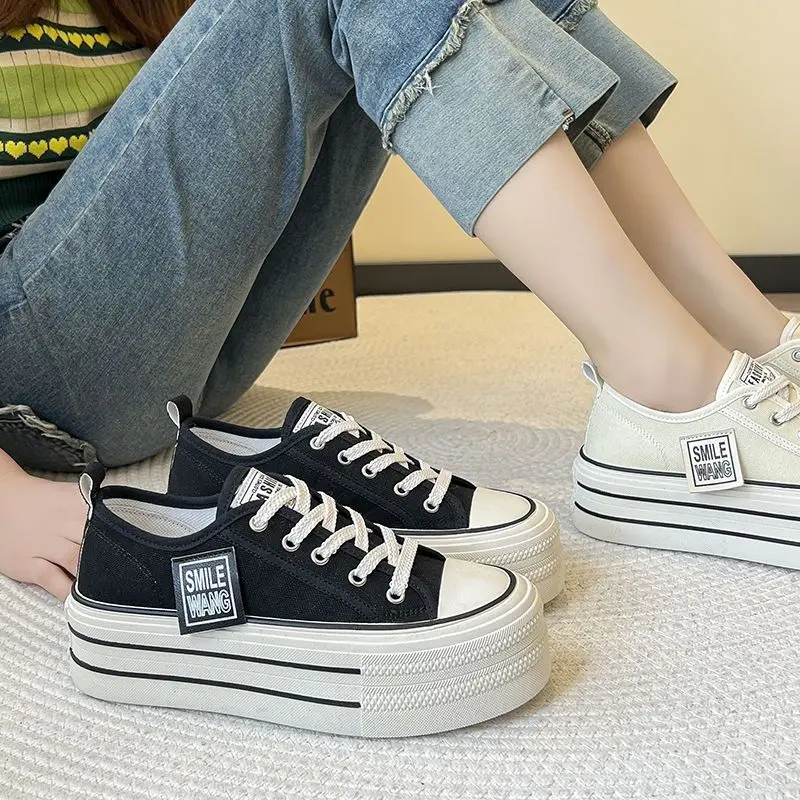 2024 New Women's Black Platform Canvas Sneakers Lace-up Comfortable Shoes Fashion Outdoor Multi-functional Sports Canvas Shoes 6
