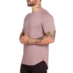 Enhanced Men's Extended Hem Hip Hop Cotton Fitness Tee - Summer Fashion Short Sleeve Muscle Shirt - XXL (Pink)