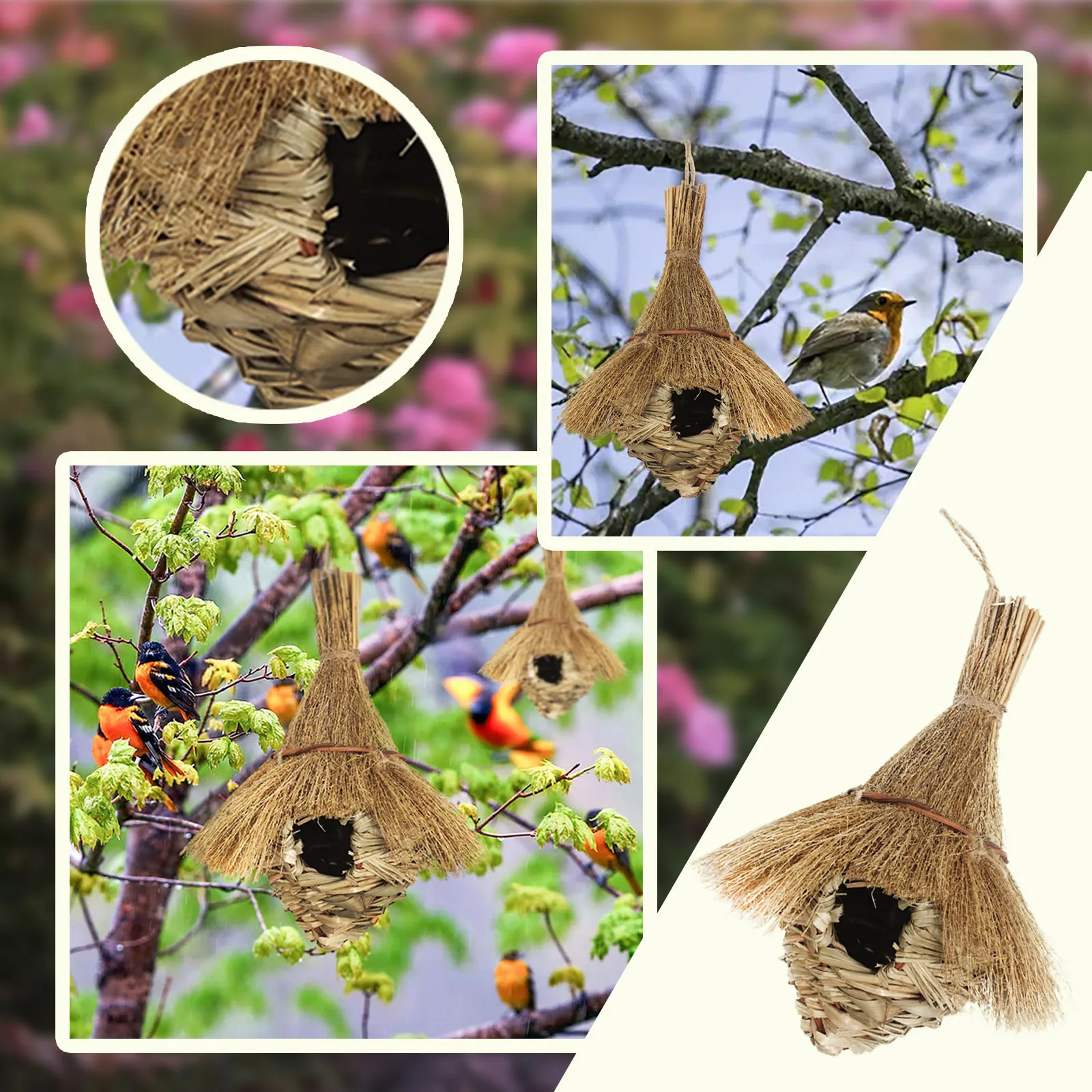Handwoven Straw Bird Nest Parrot Hatching Breeding Grass Cave Garden Supply Grass Birds House Humming Bird Nest for Lawn Home bird house bird nest