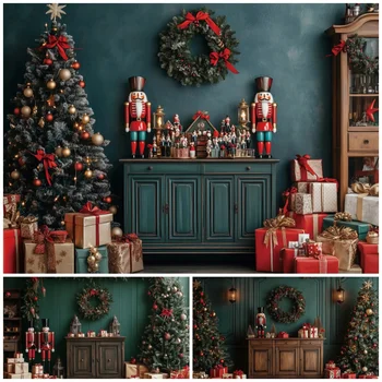 Christmas Nutcracker Photography Backdrops Gift Box Wreath Xmas Tree Bows Family Kids Festive Portrait Backgrounds Studio Props