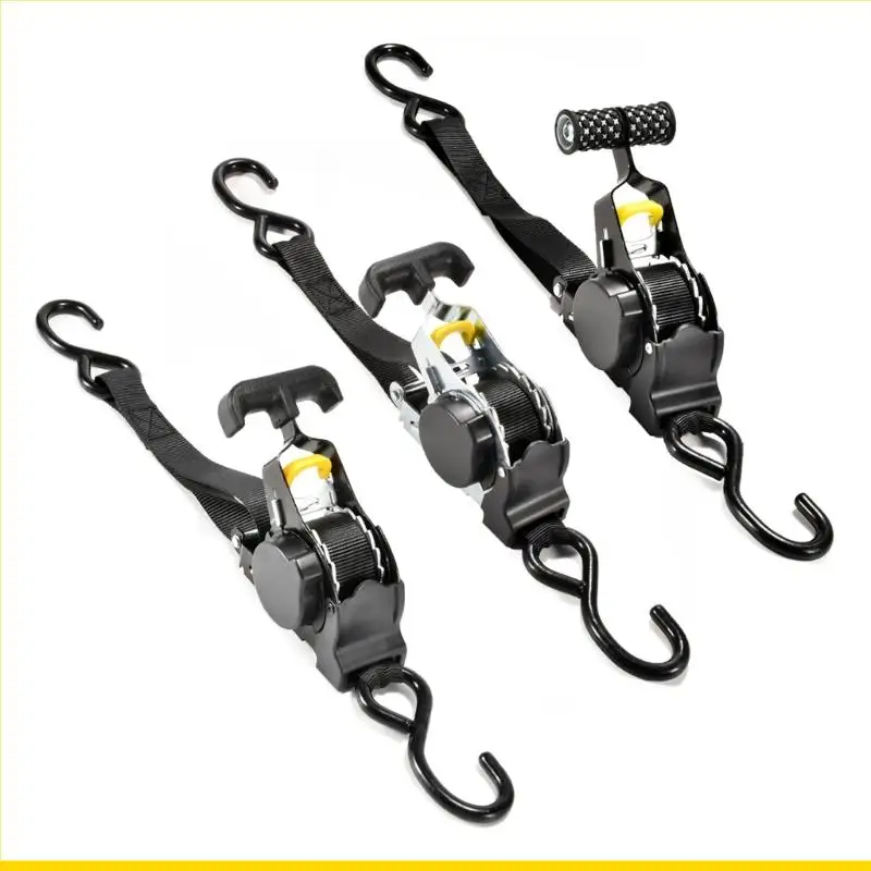 Motorcycle Transport Tie Down Strap with Ratchet Ergonomic Designs Automatic Retracting Designs for Secure Fastening