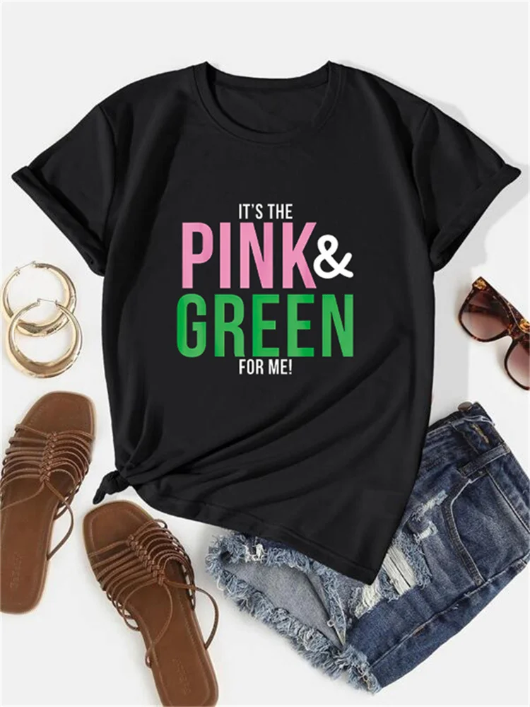 2024 New It's The Pink and Green For Me Letter Printed T-shirt Round Neck Casual Comfortable Women's Top