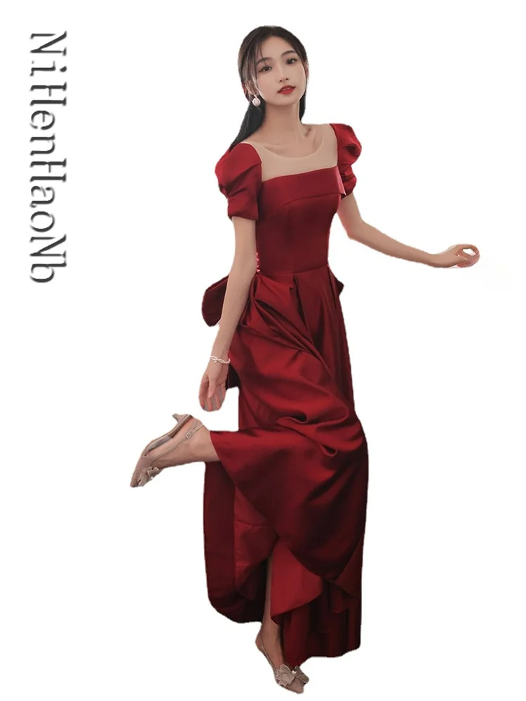 new-wine-bowknot-long-women-princess-damigella-d'onore-banchetto-party-ball-performance-prom-dress-gown-abiti-quinceanera