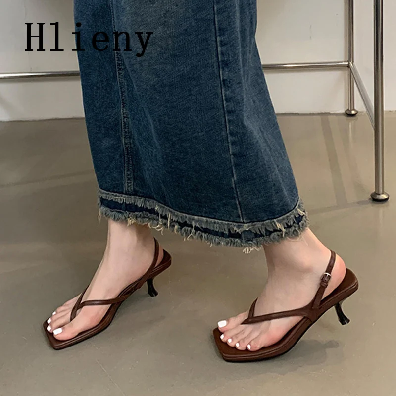 Hlieny 2024 Summer New Design Square Head Clip Toe Sandals Woman Fashion Buckle Strap Thin Low Heels Casual Ladies Shoes