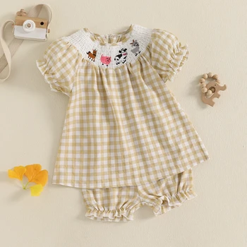Children s Summer Outfits with Cute Farm Animal Embroidery Crew Neck Tops and Elastic Waist Shorts - 2 Piece Clothing Set for 1